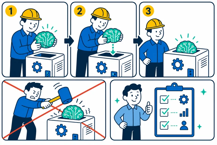 Instruction-manual style illustration of a worker carefully installing a glowing circuit brain into an office machine in numbered steps