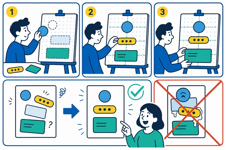 Instruction-manual style illustration of a designer aligning interface shapes on a grid, turning a messy layout into a tidy one