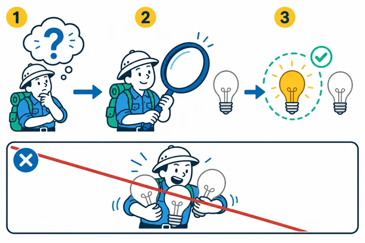 Instruction-manual style illustration of an explorer using a magnifying glass to find the one bright idea among several lightbulbs