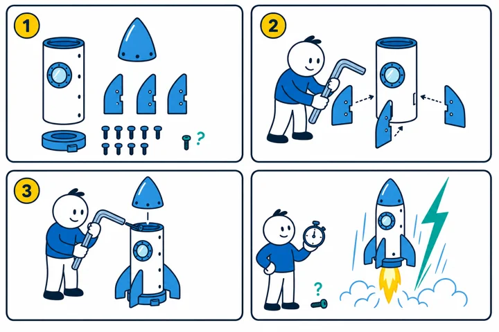 Instruction-manual style illustration of a character assembling a flat-pack rocket in numbered steps and launching it