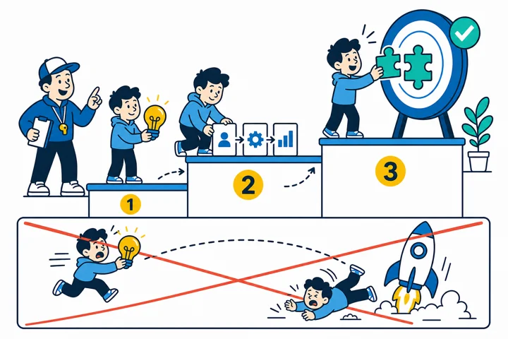 Instruction-manual style illustration of a coach guiding a founder up numbered steps from a lightbulb idea to fitting a puzzle piece into a target