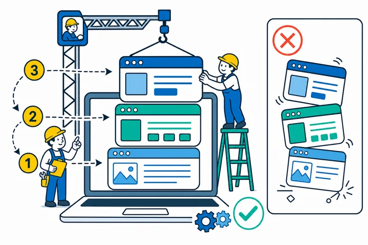 Instruction-manual style illustration of builders stacking browser windows into a neat tower on a laptop with a crane